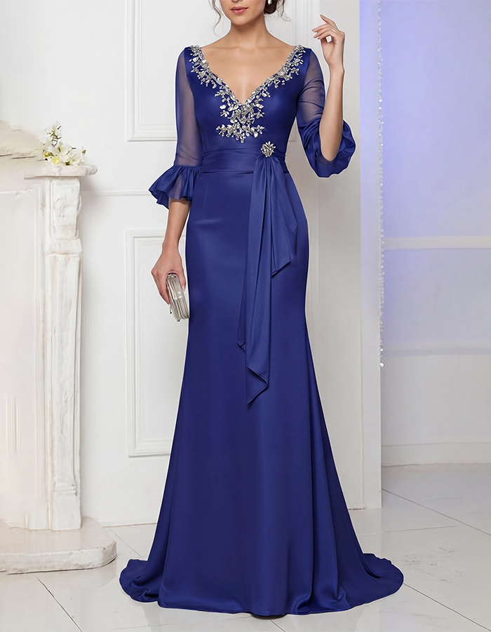 Dusty Blue V-Neck Beaded Satin Mermaid Maxi Dress