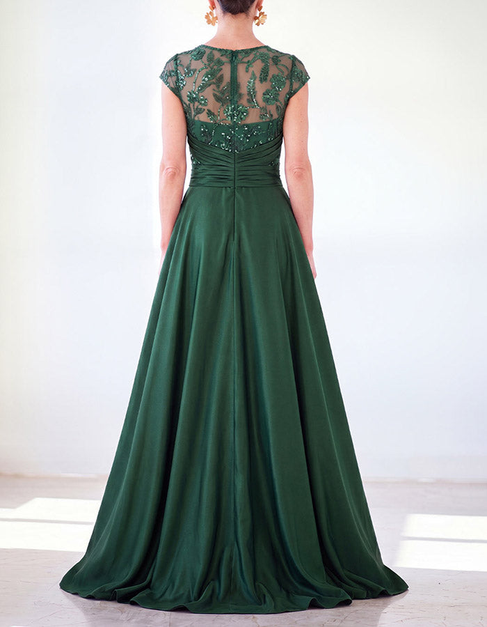 Maxikleid aus grünem Pailletten-Spitzenstoff und Chiffon mit Blumenmuster