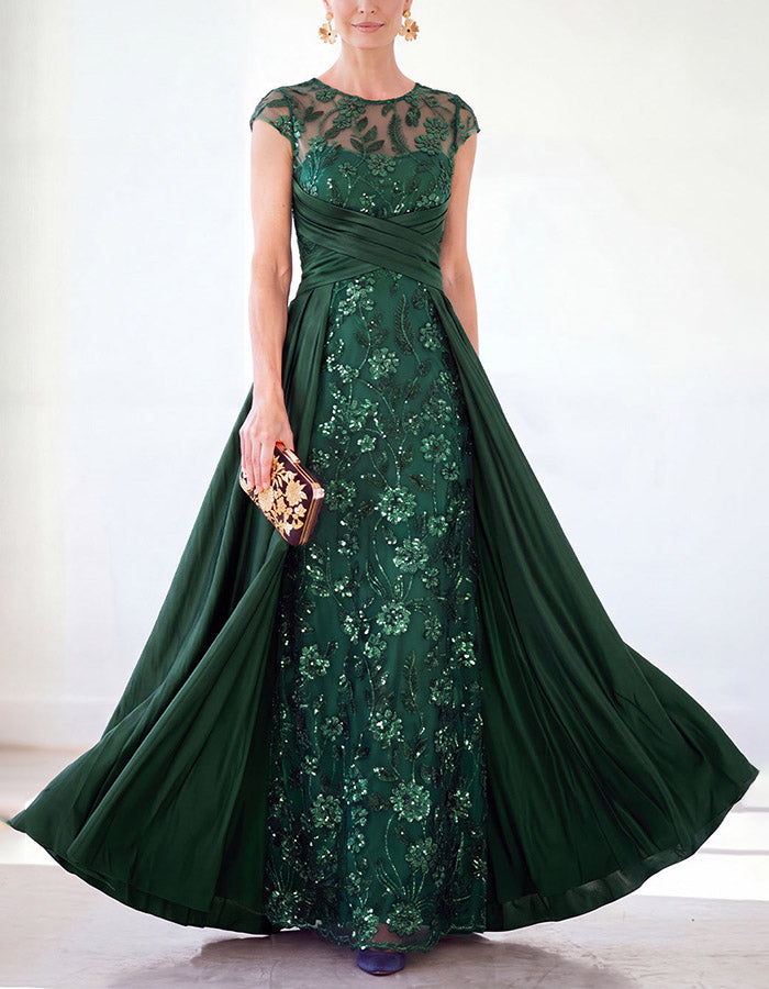 Green Sequin Floral Lace & Chiffon Maxi Dress