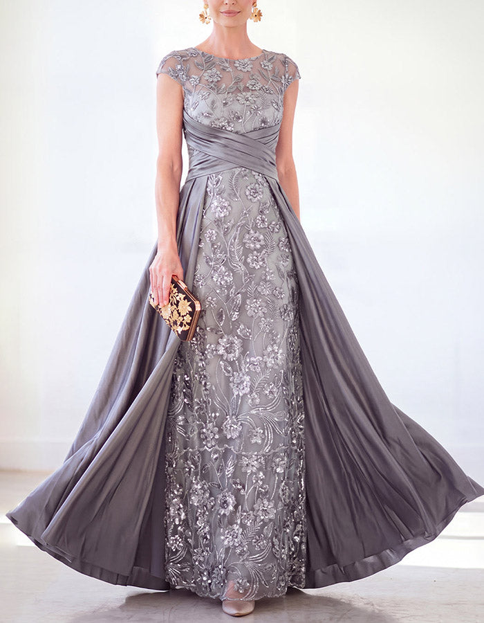 Green Sequin Floral Lace & Chiffon Maxi Dress