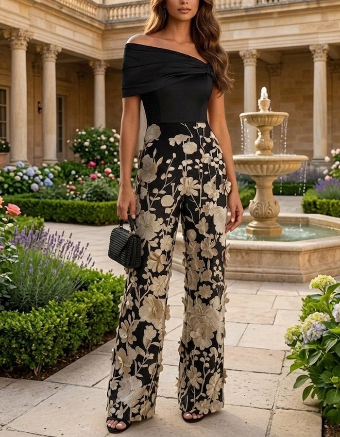 Black Off-the-Shoulder Floral Applique Jumpsuit