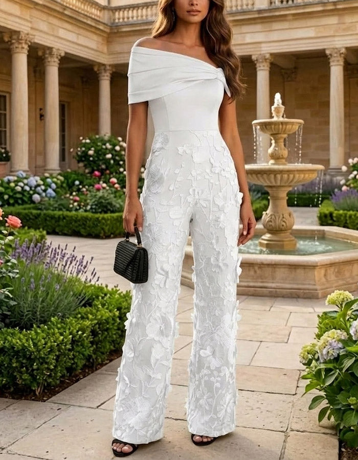 Black Off-the-Shoulder Floral Applique Jumpsuit