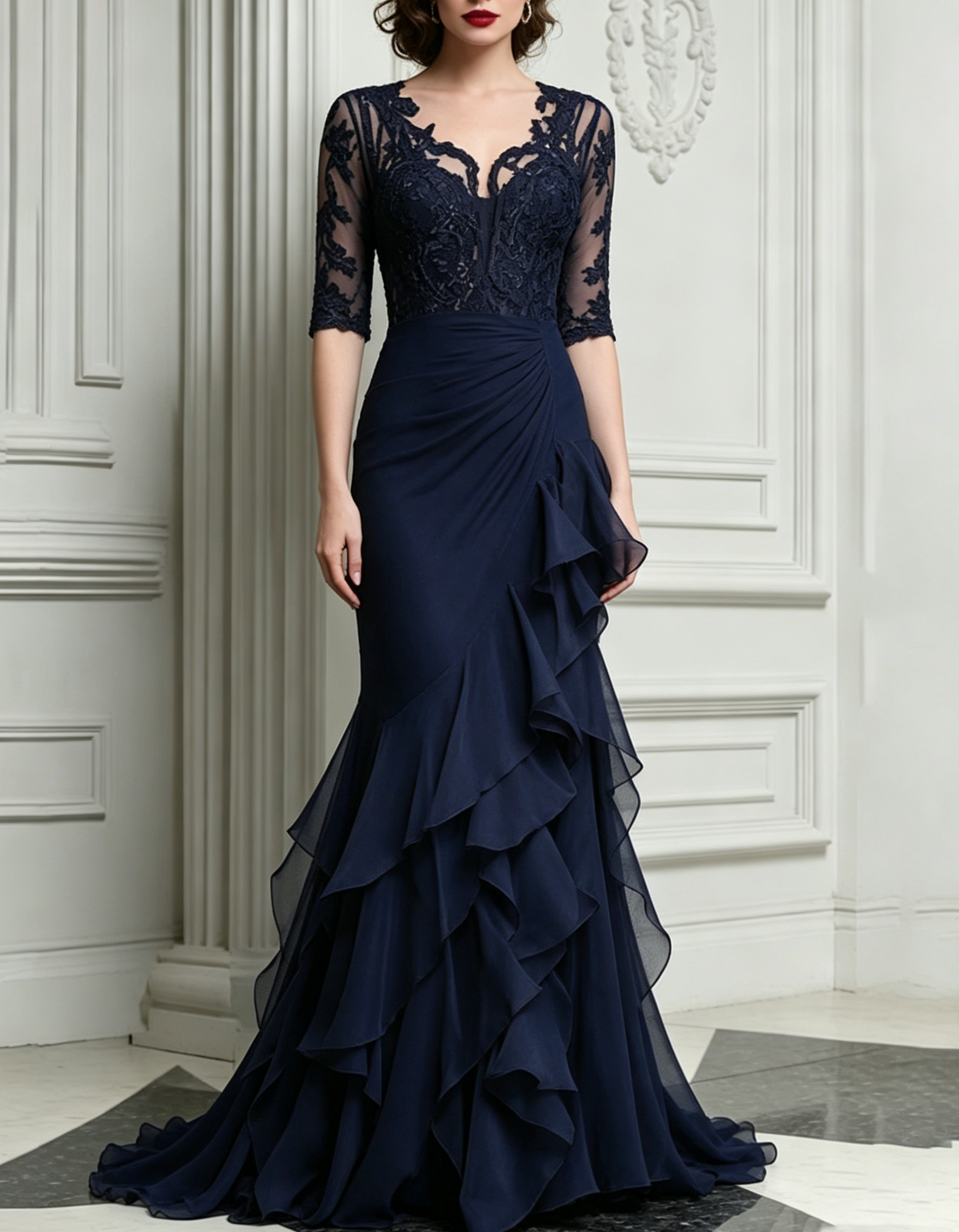 Navy Lace & Chiffon Tiered Ruffle V-Neck Maxi Dress