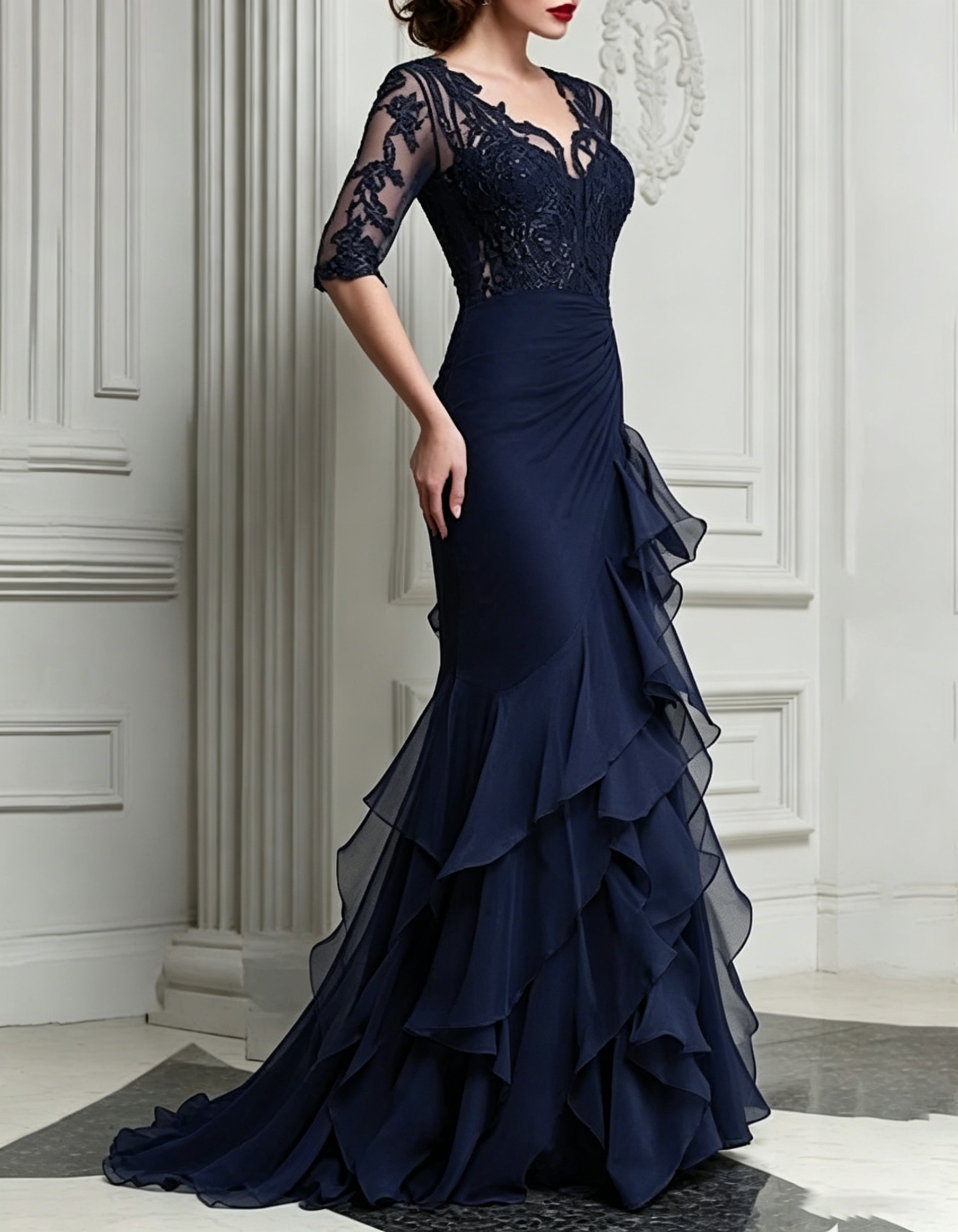 Navy Lace & Chiffon Tiered Ruffle V-Neck Maxi Dress