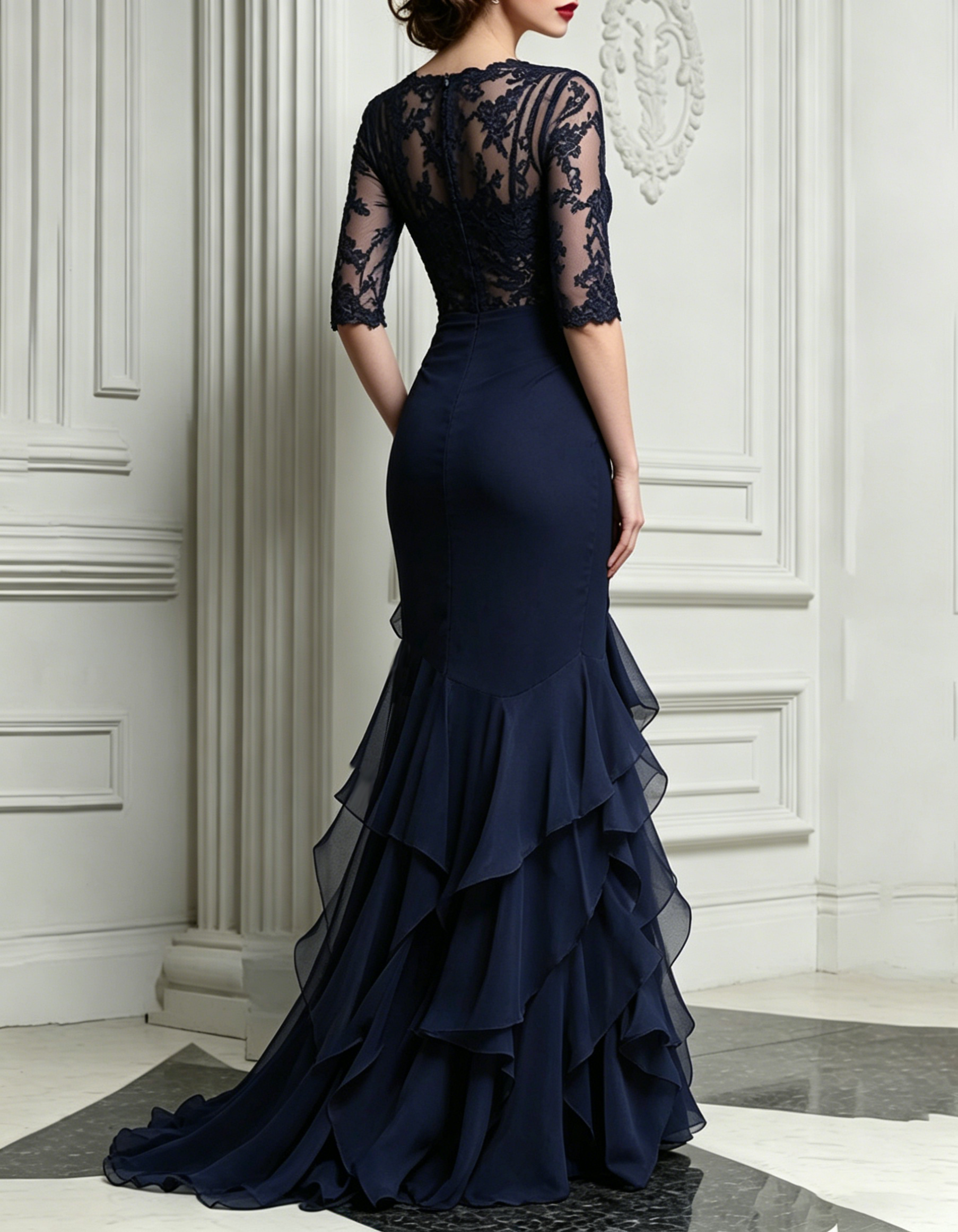 Navy Lace & Chiffon Tiered Ruffle V-Neck Maxi Dress