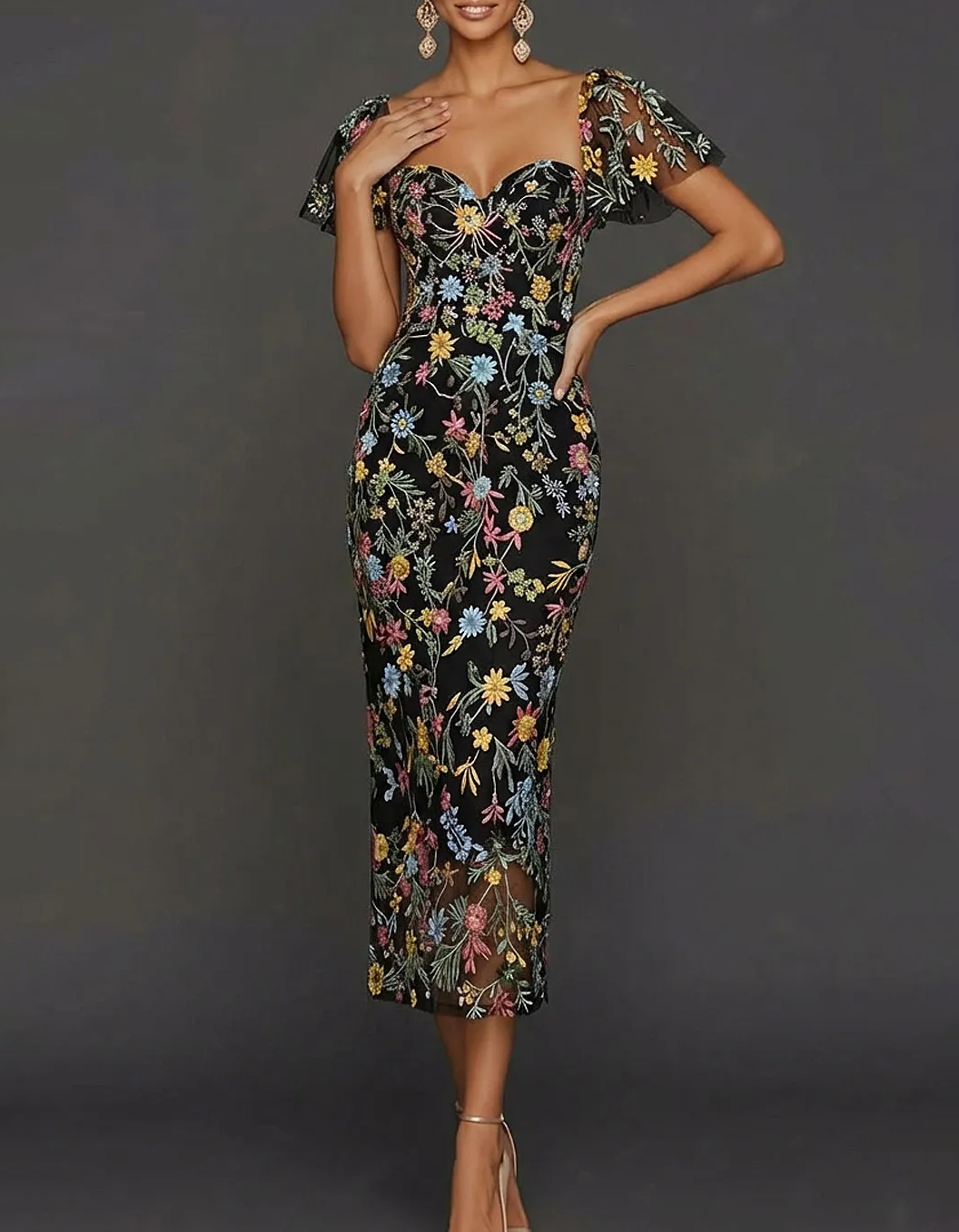 Square Neck Floral Embroidered Tulle Midi Dress
