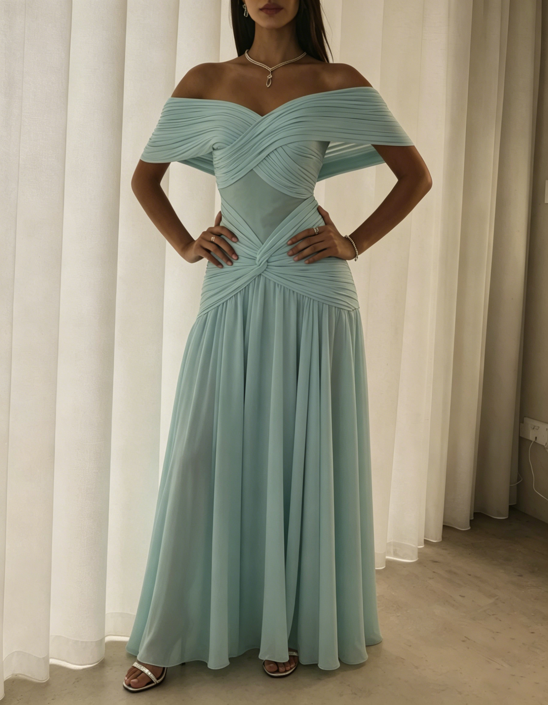 Mint Green Off-the-Shoulder Pleated Chiffon A-Line Maxi Dress