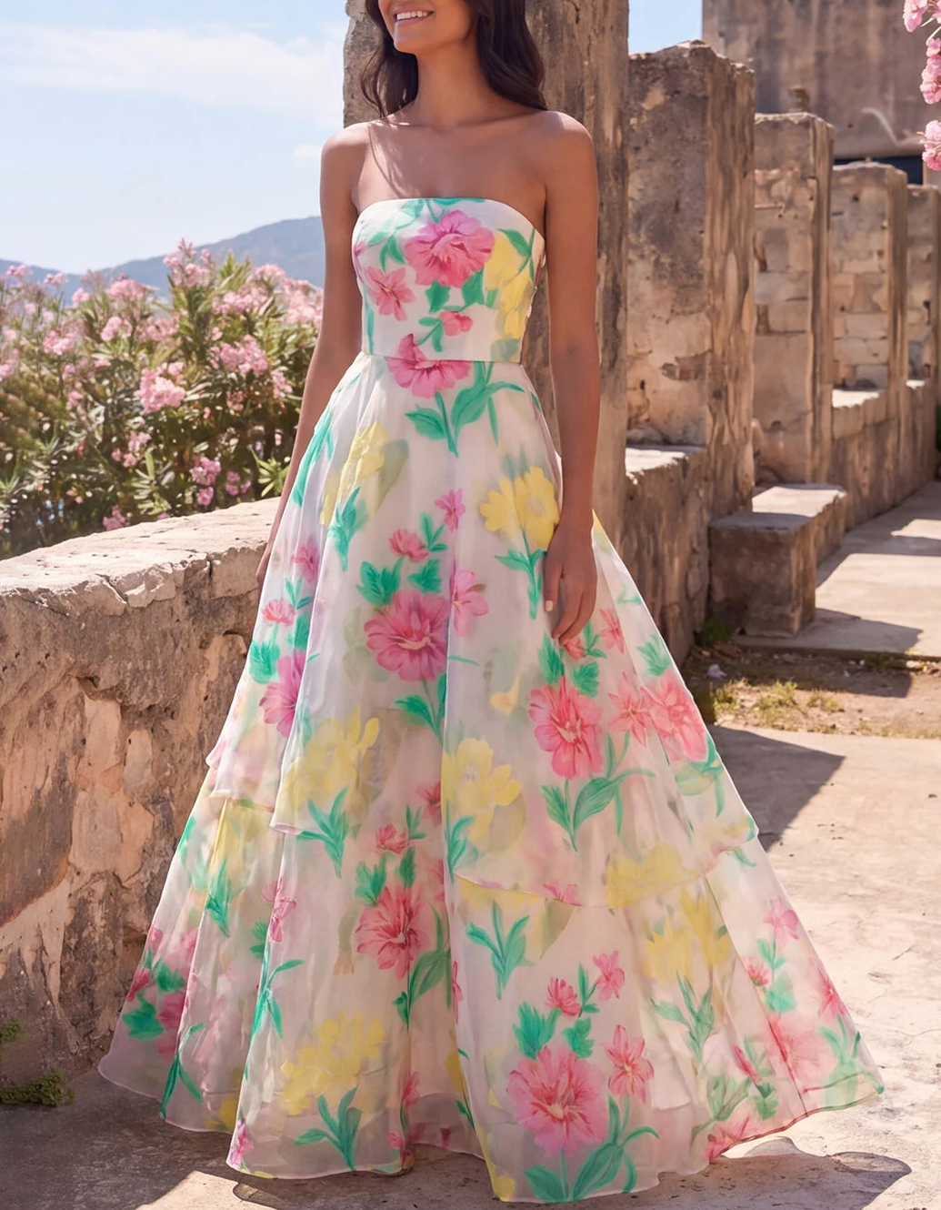 Pink Floral Print Tiered Chiffon A-Line Maxi Dress