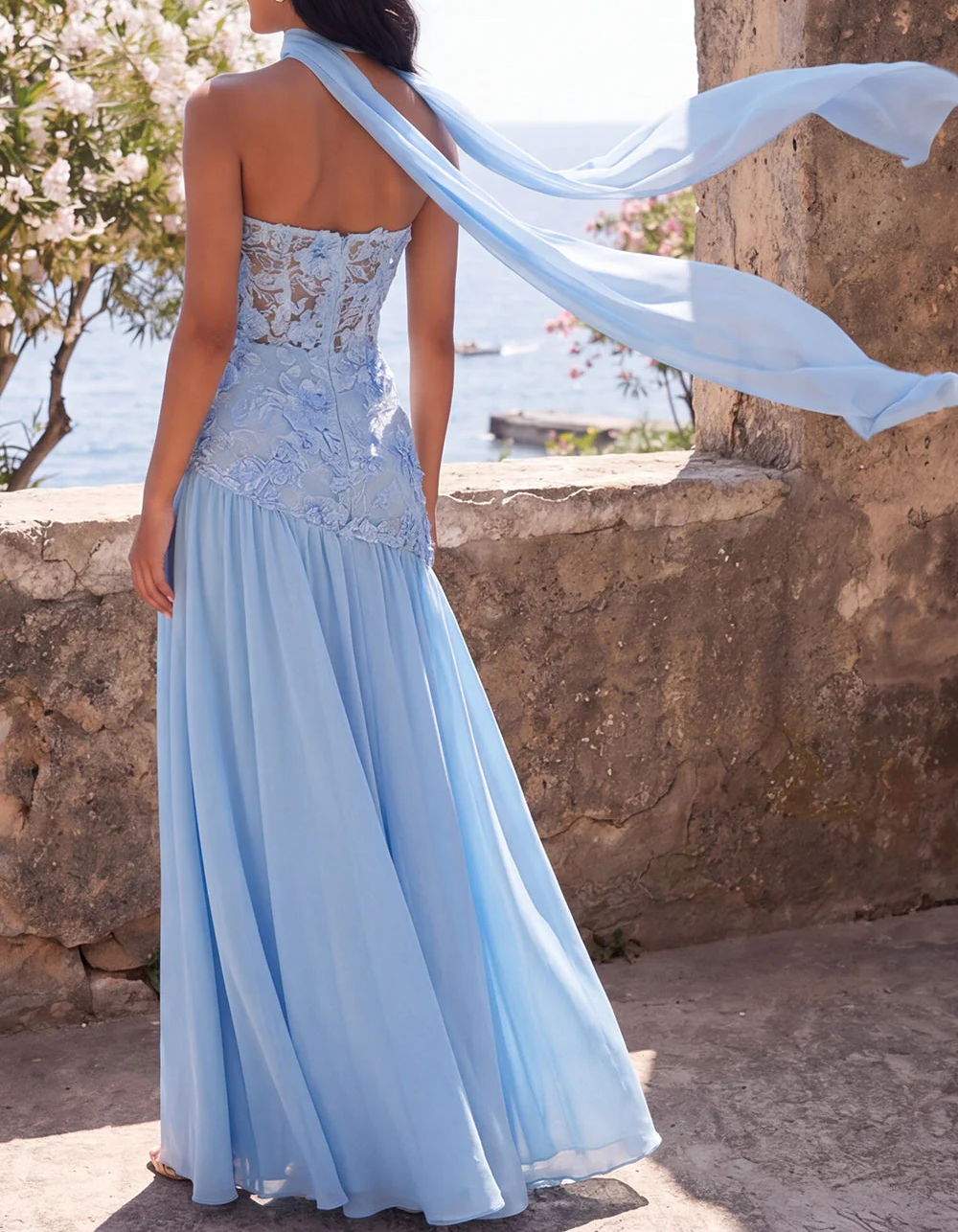 Light Blue Strapless Lace & Chiffon Neck Sash & Slit Maxi Dress