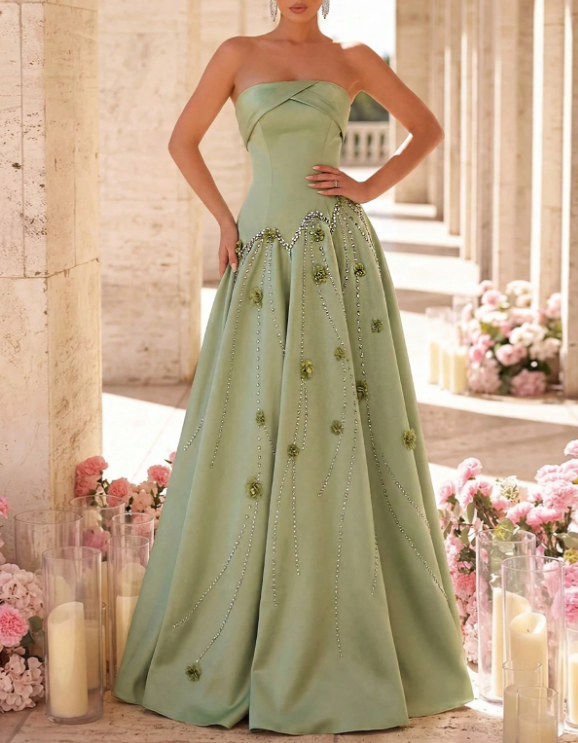 Hellgrünes trägerloses Satin-Ballkleid mit Kristall- und Blumenverzierungen