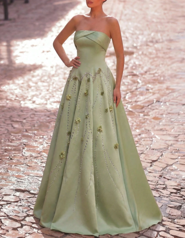 Light Green Strapless Satin Ball Crystal & Floral Embellishments Maxi Dress