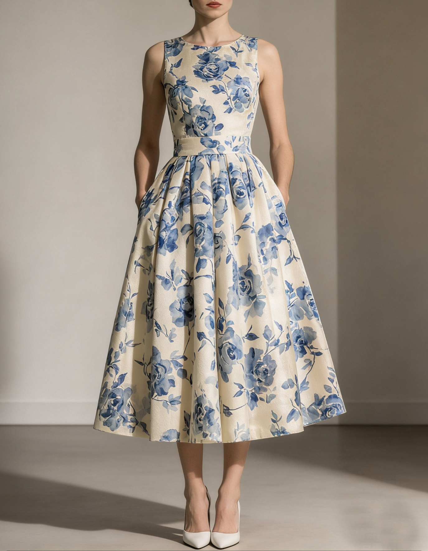 Sleeveless Blue Floral Print Matte Satin A-Line Midi Dress