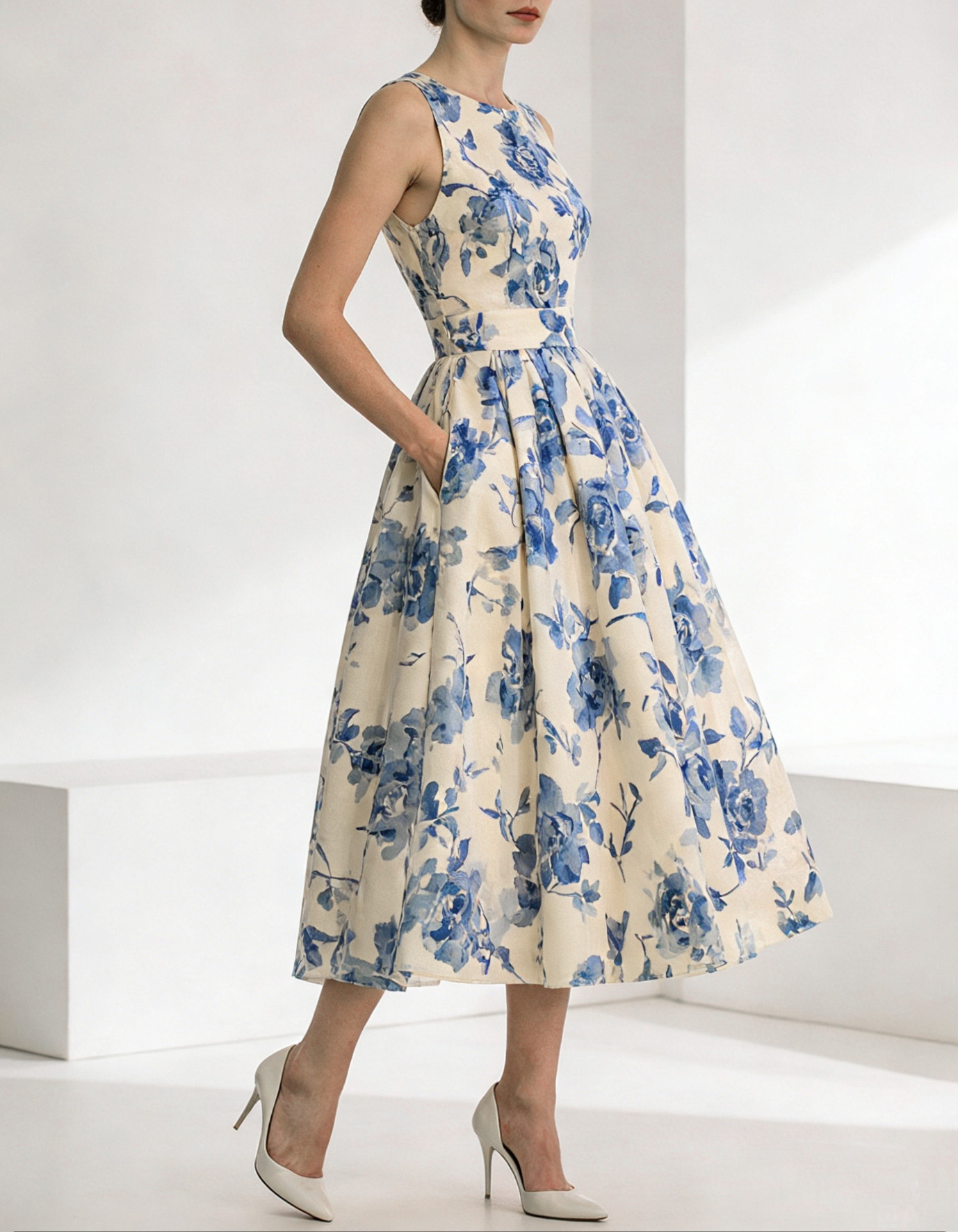 Sleeveless Blue Floral Print Matte Satin A-Line Midi Dress
