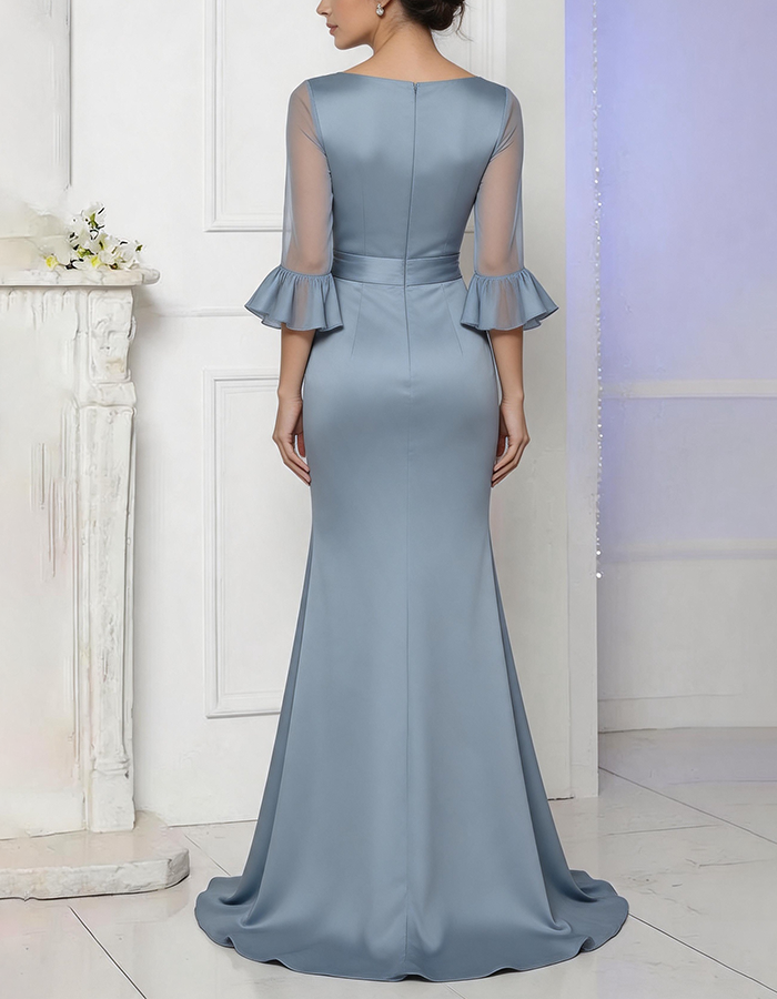 Robe longue sirène en satin bleu poussiéreux à col en V et perles