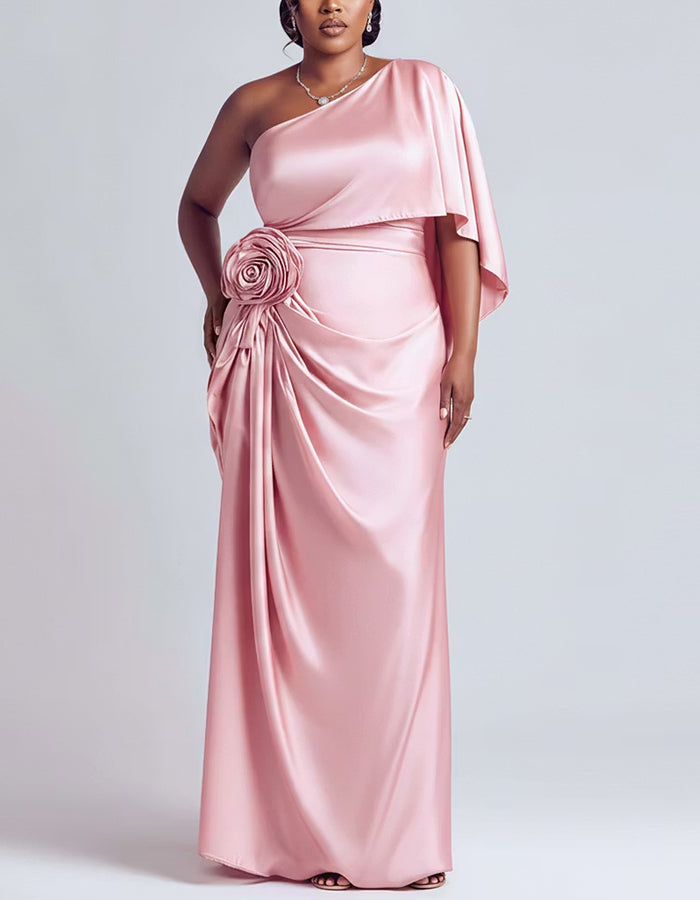 Rochie maxi roz din satin, cu un umăr
