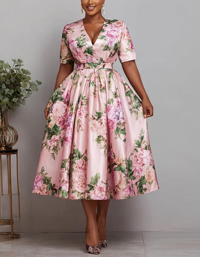 Midikleid aus rosa Satin mit V-Ausschnitt und Blumenmuster