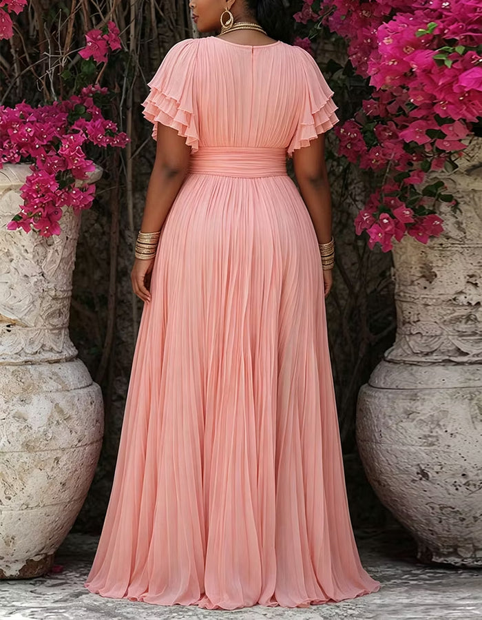 Maxikleid aus rosa Chiffon mit V-Ausschnitt, doppelten Rüschen und kurzen Ärmeln