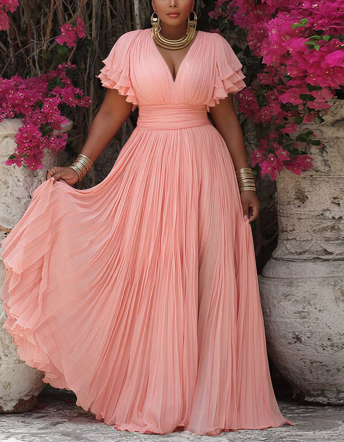Maxikleid aus rosa Chiffon mit V-Ausschnitt, doppelten Rüschen und kurzen Ärmeln