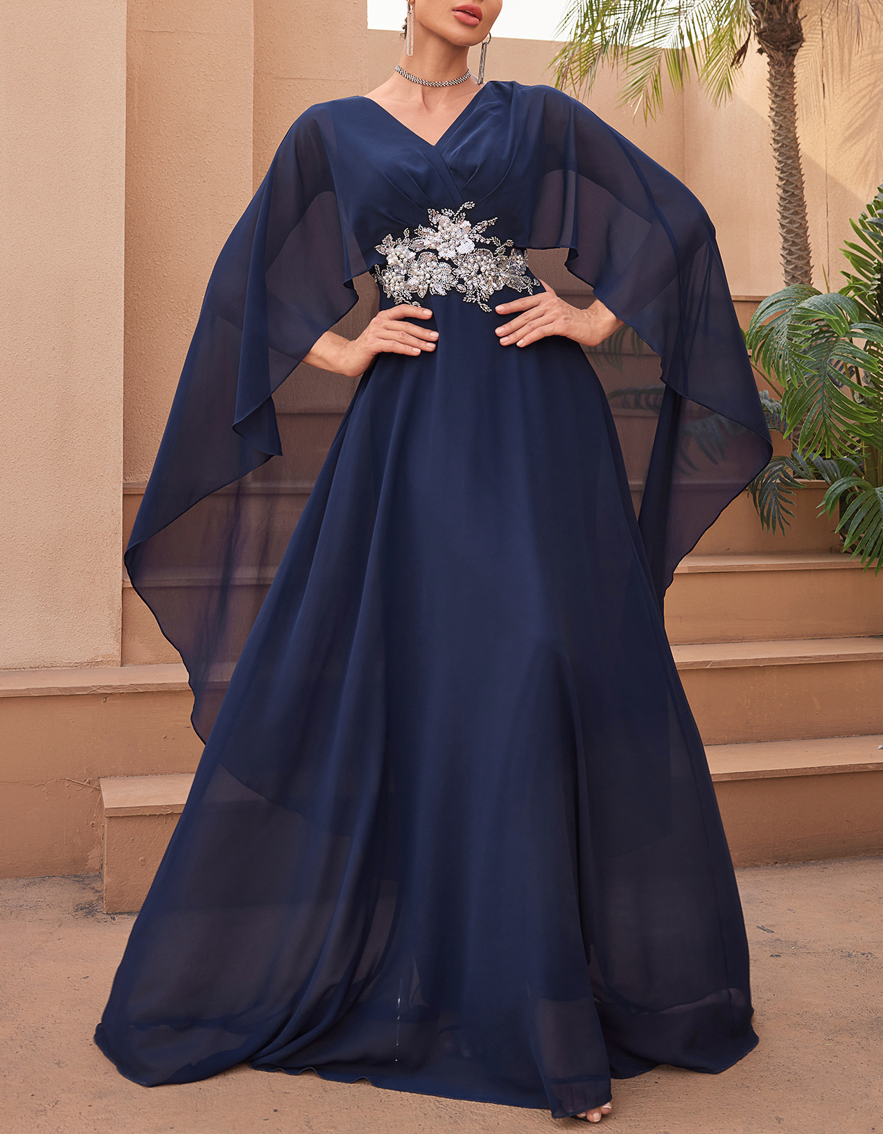 Chiffon V-Neck Cape Sleeve A-Line Embellished Waist Maxi Dress
