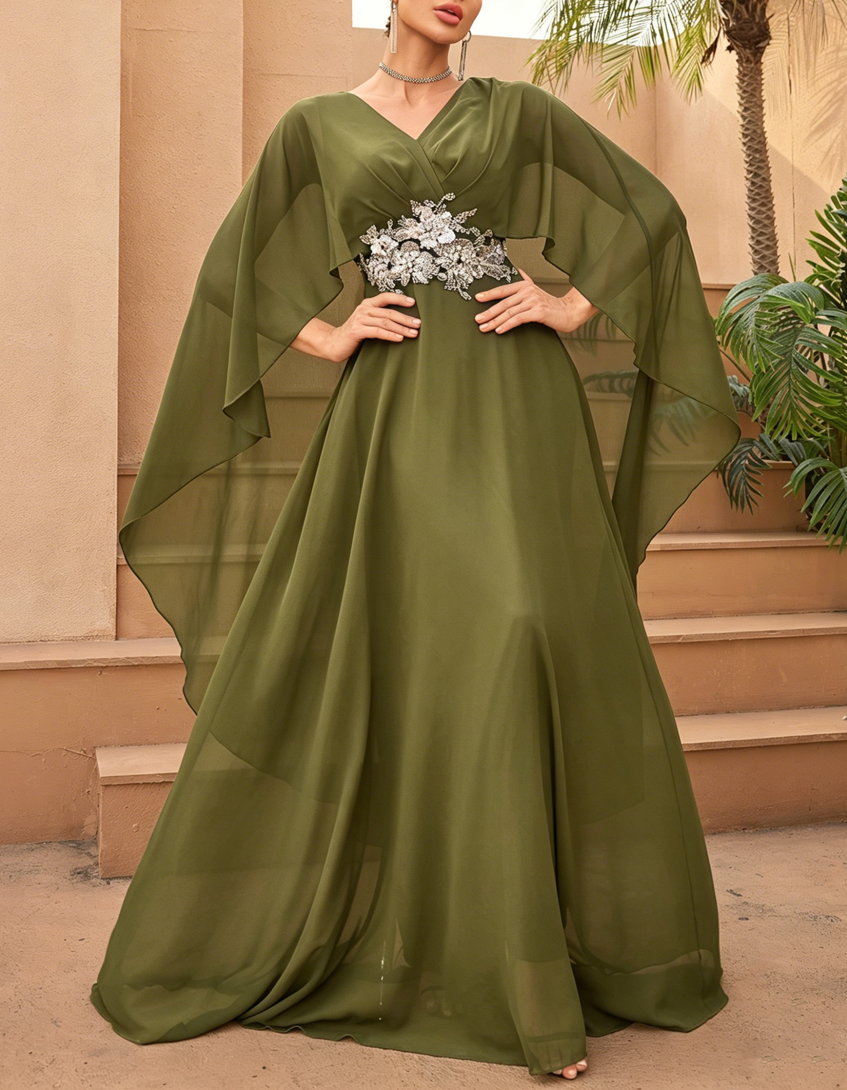 Chiffon V-Neck Cape Sleeve A-Line Embellished Waist Maxi Dress