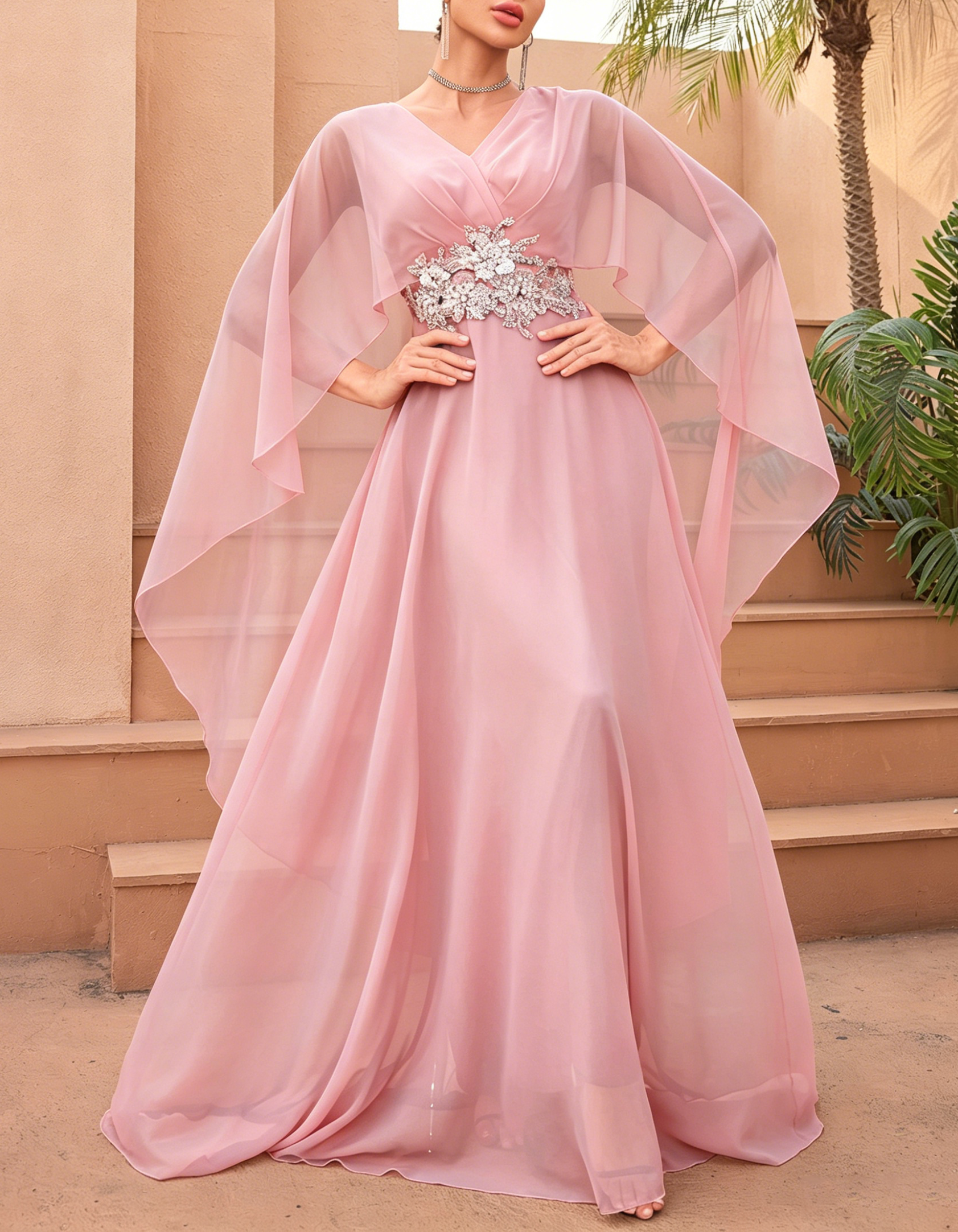 Chiffon V-Neck Cape Sleeve A-Line Embellished Waist Maxi Dress