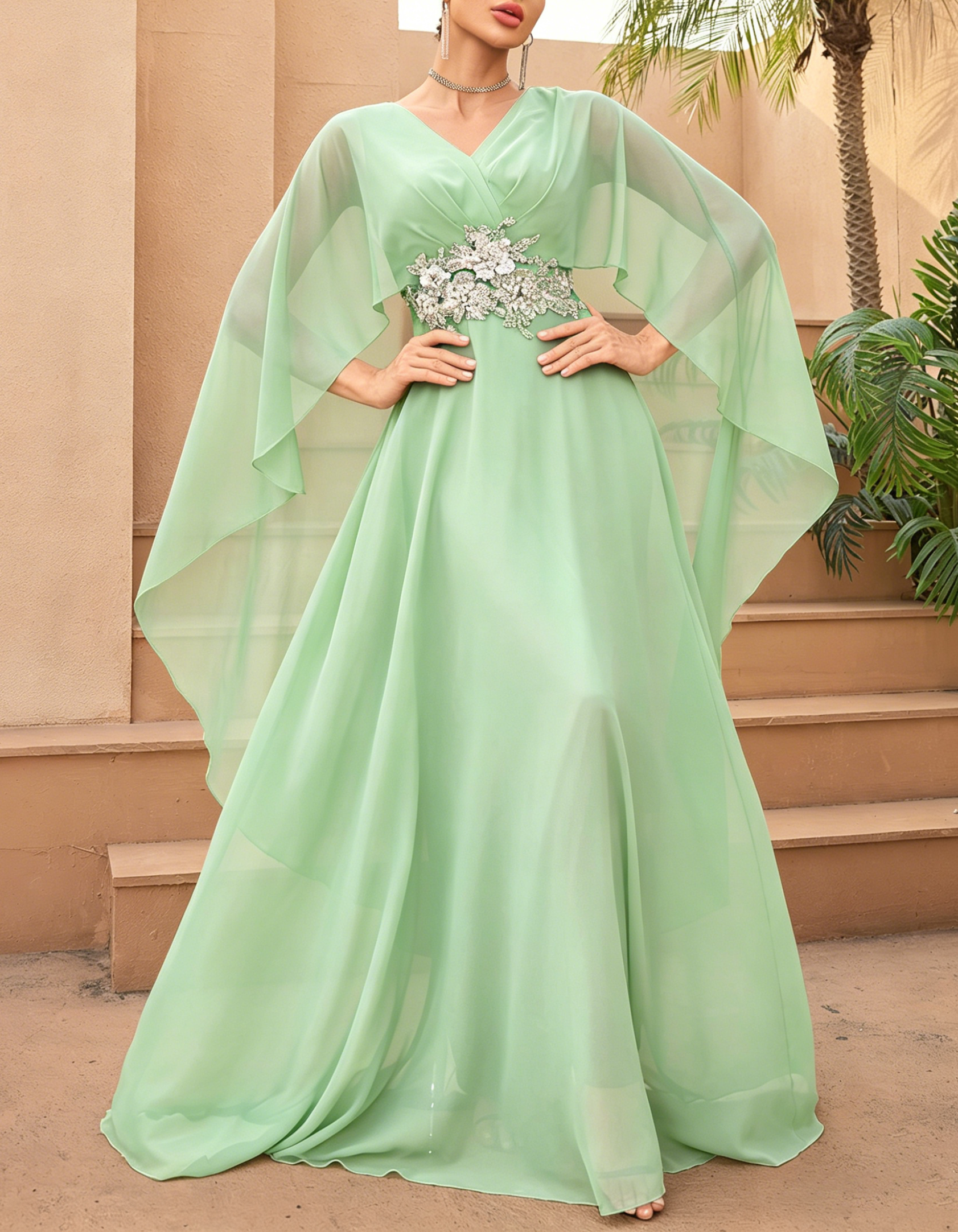 Chiffon V-Neck Cape Sleeve A-Line Embellished Waist Maxi Dress
