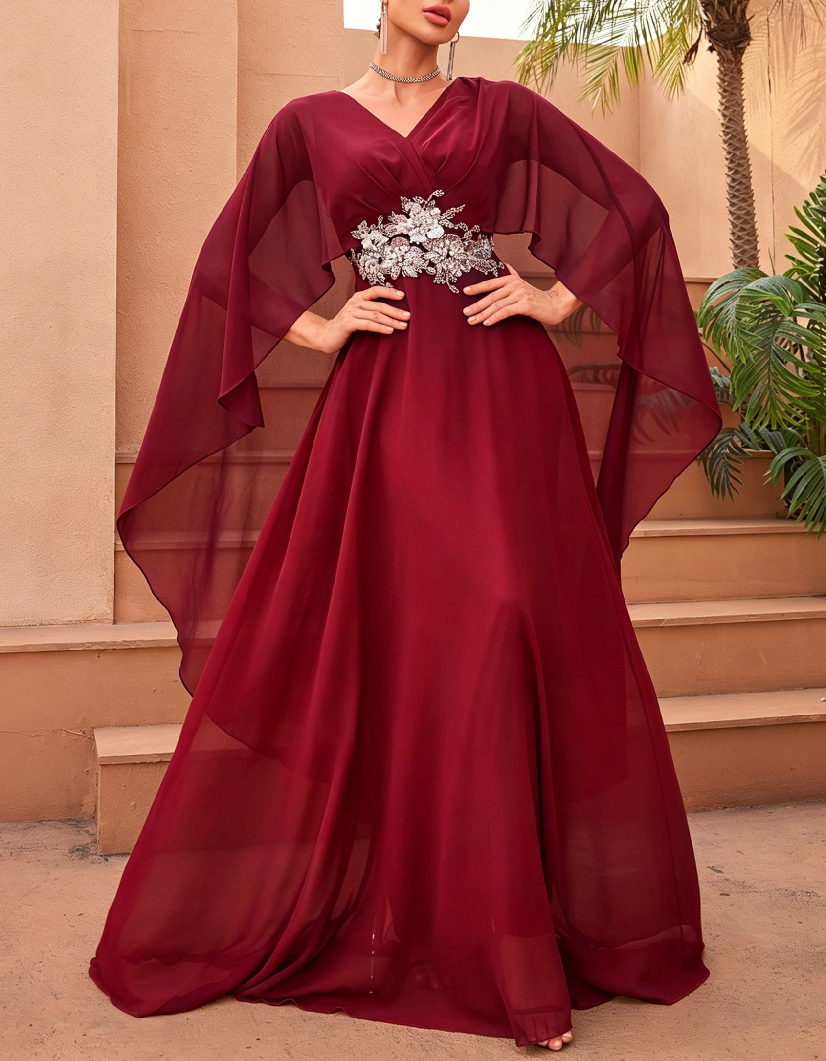 Chiffon V-Neck Cape Sleeve A-Line Embellished Waist Maxi Dress
