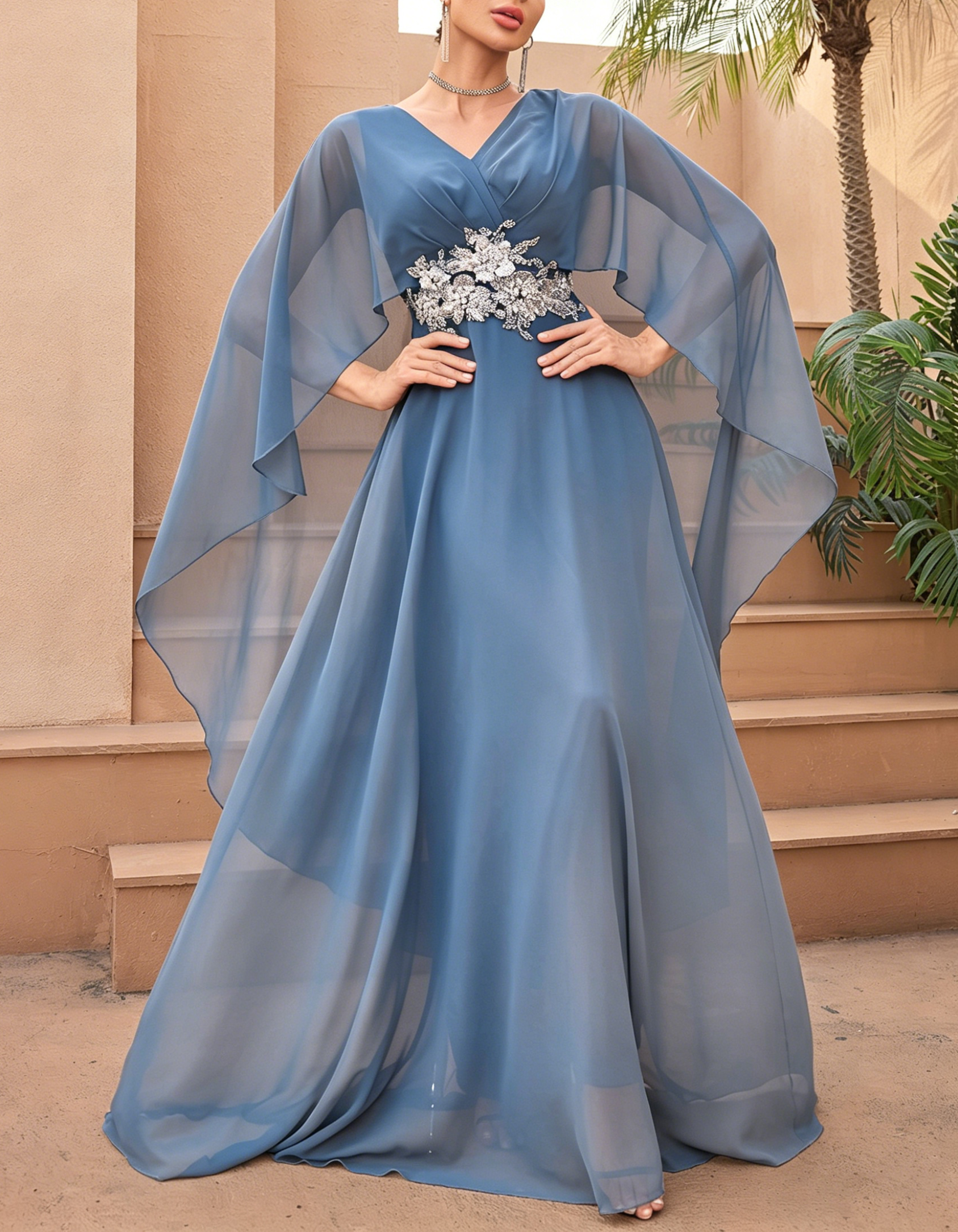 Chiffon V-Neck Cape Sleeve A-Line Embellished Waist Maxi Dress