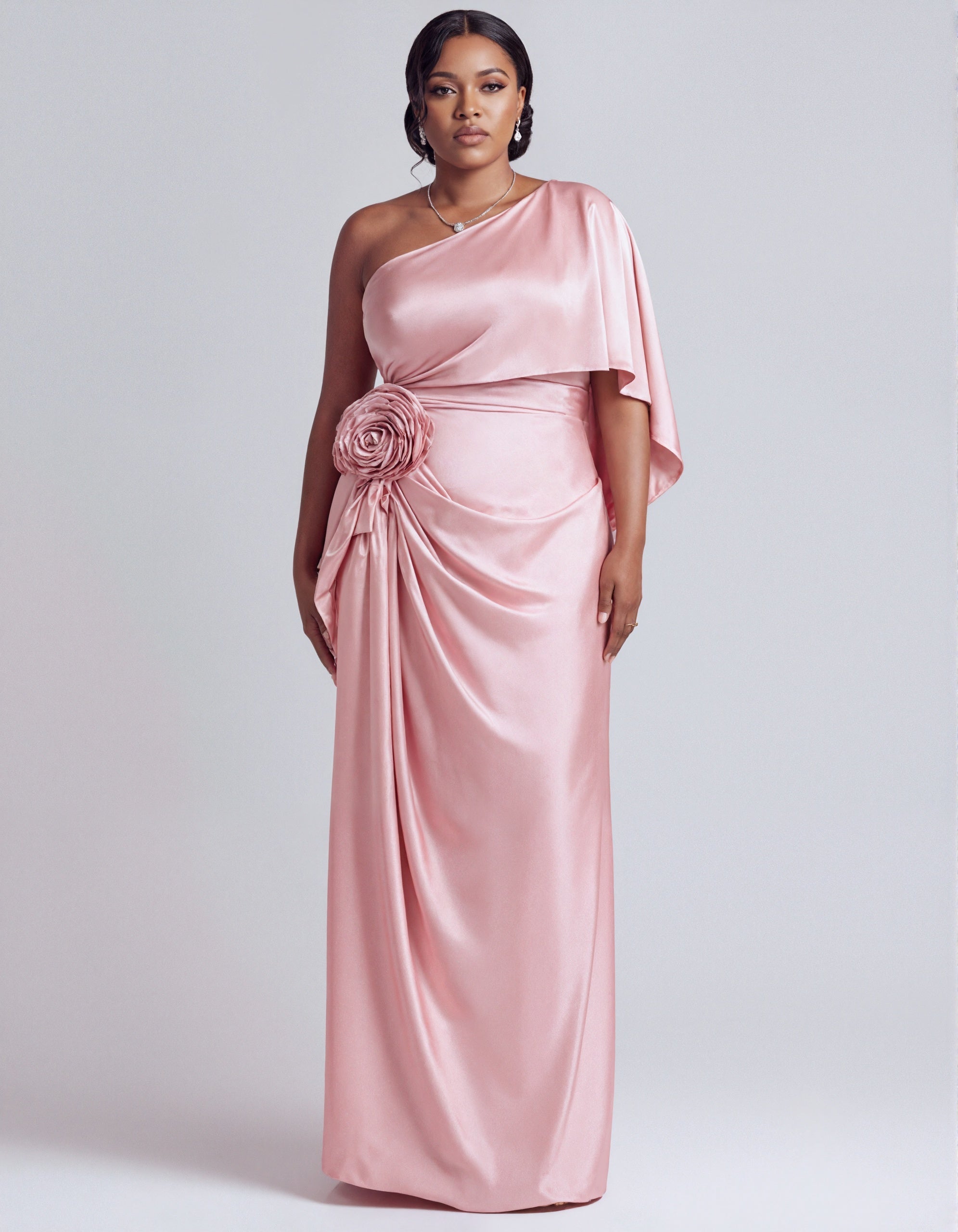 Roze satijnen een-schouder maxi-jurk