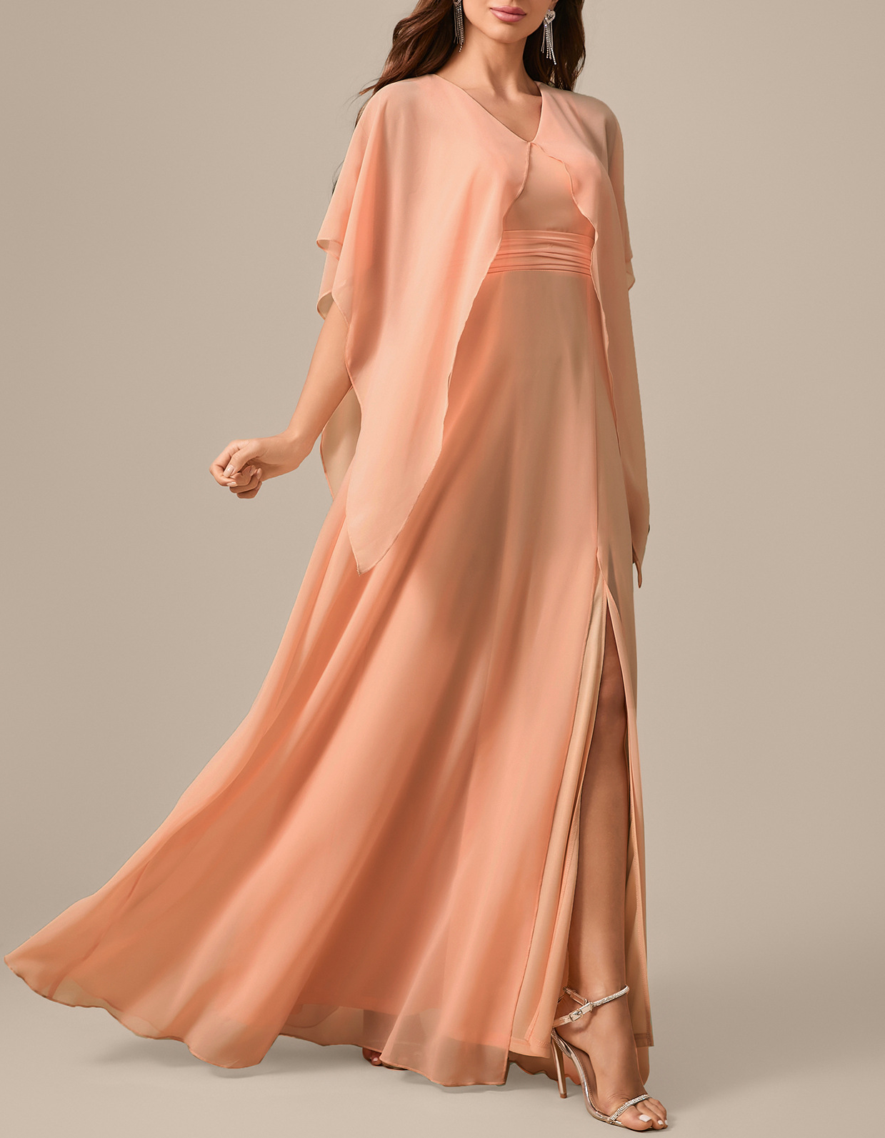 Chiffon V-Neck Capelet A-Line Ruched Waist & Slit Maxi Dress