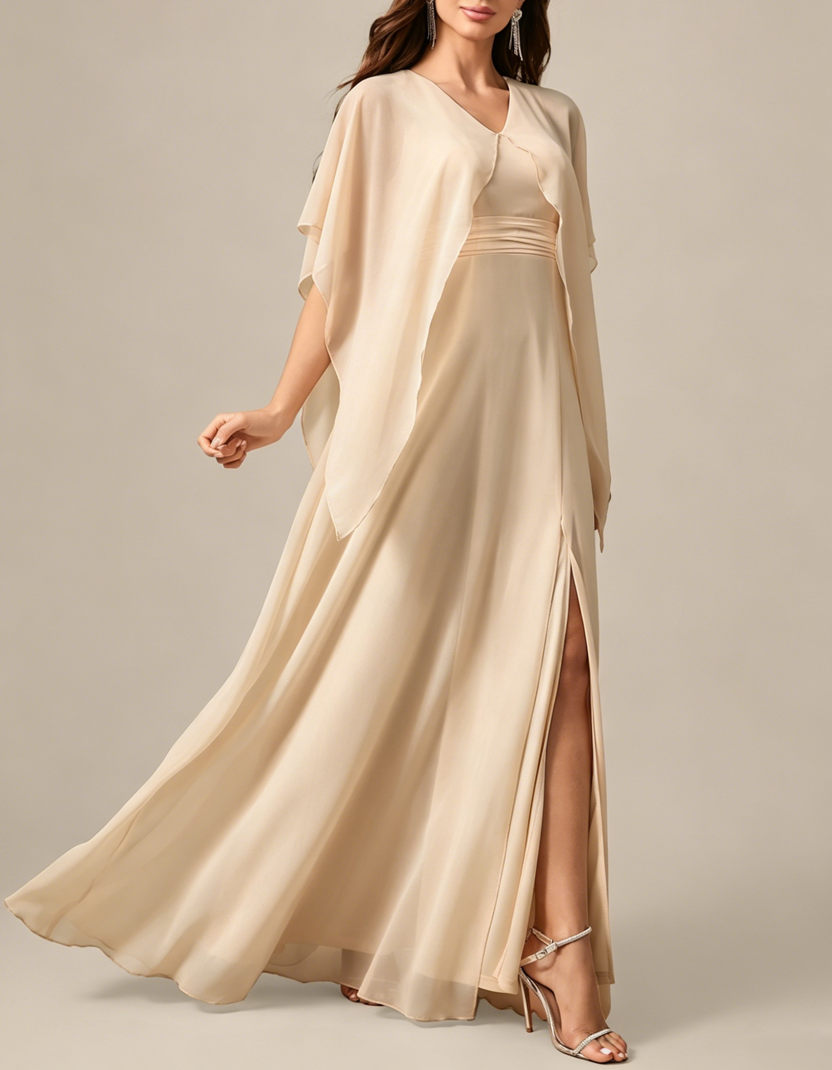 Chiffon V-Neck Capelet A-Line Ruched Waist & Slit Maxi Dress