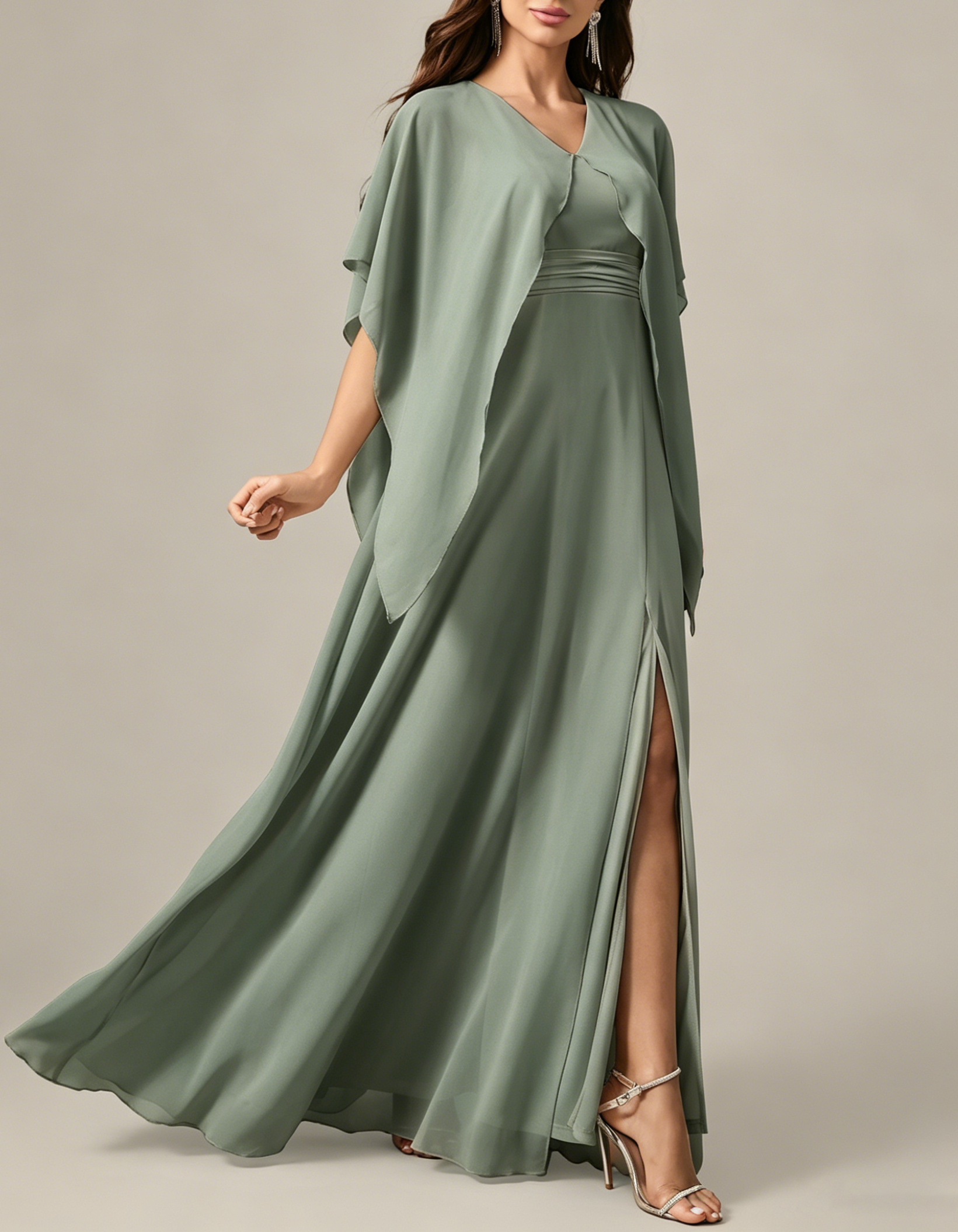 Chiffon V-Neck Capelet A-Line Ruched Waist & Slit Maxi Dress