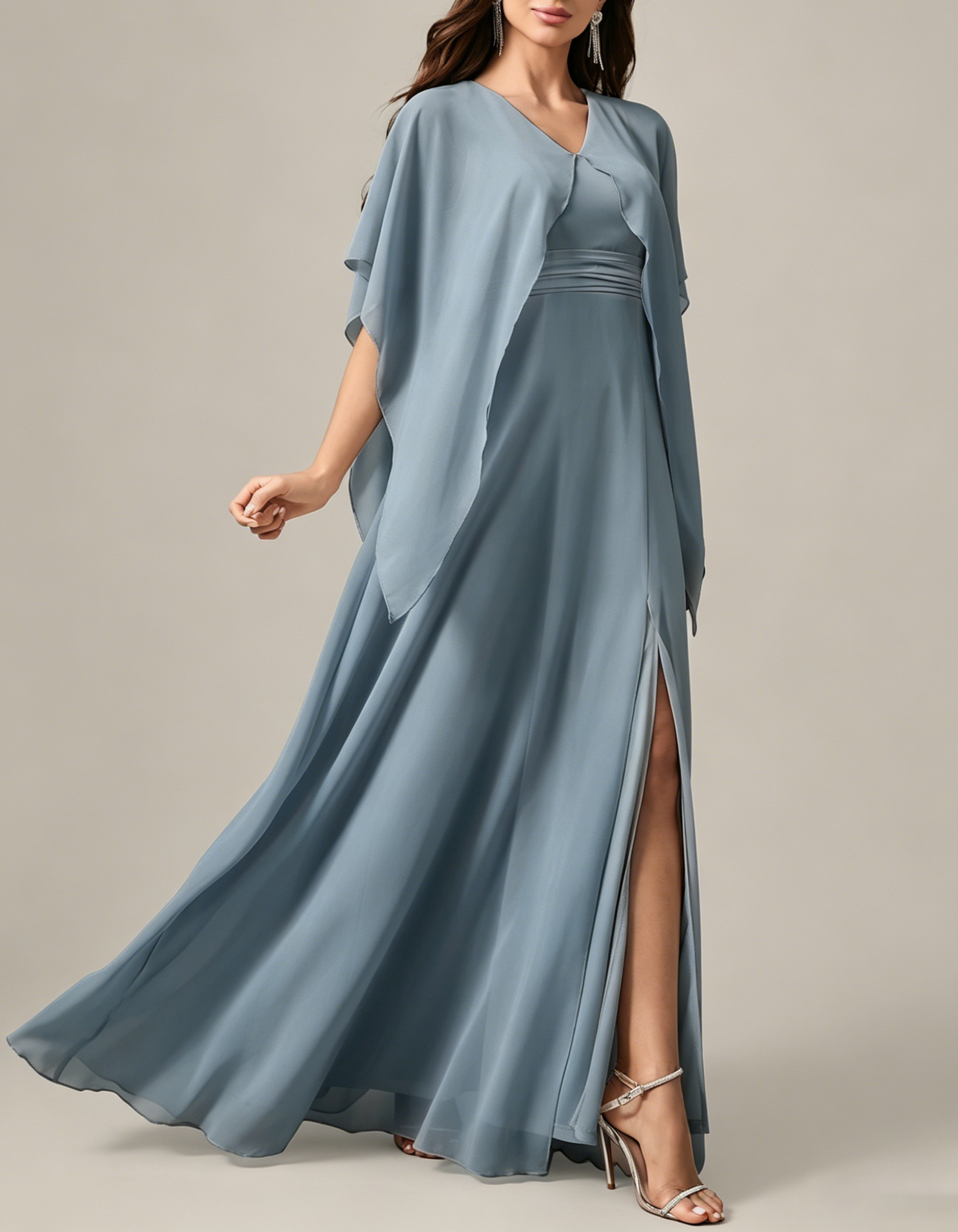 Chiffon V-Neck Capelet A-Line Ruched Waist & Slit Maxi Dress
