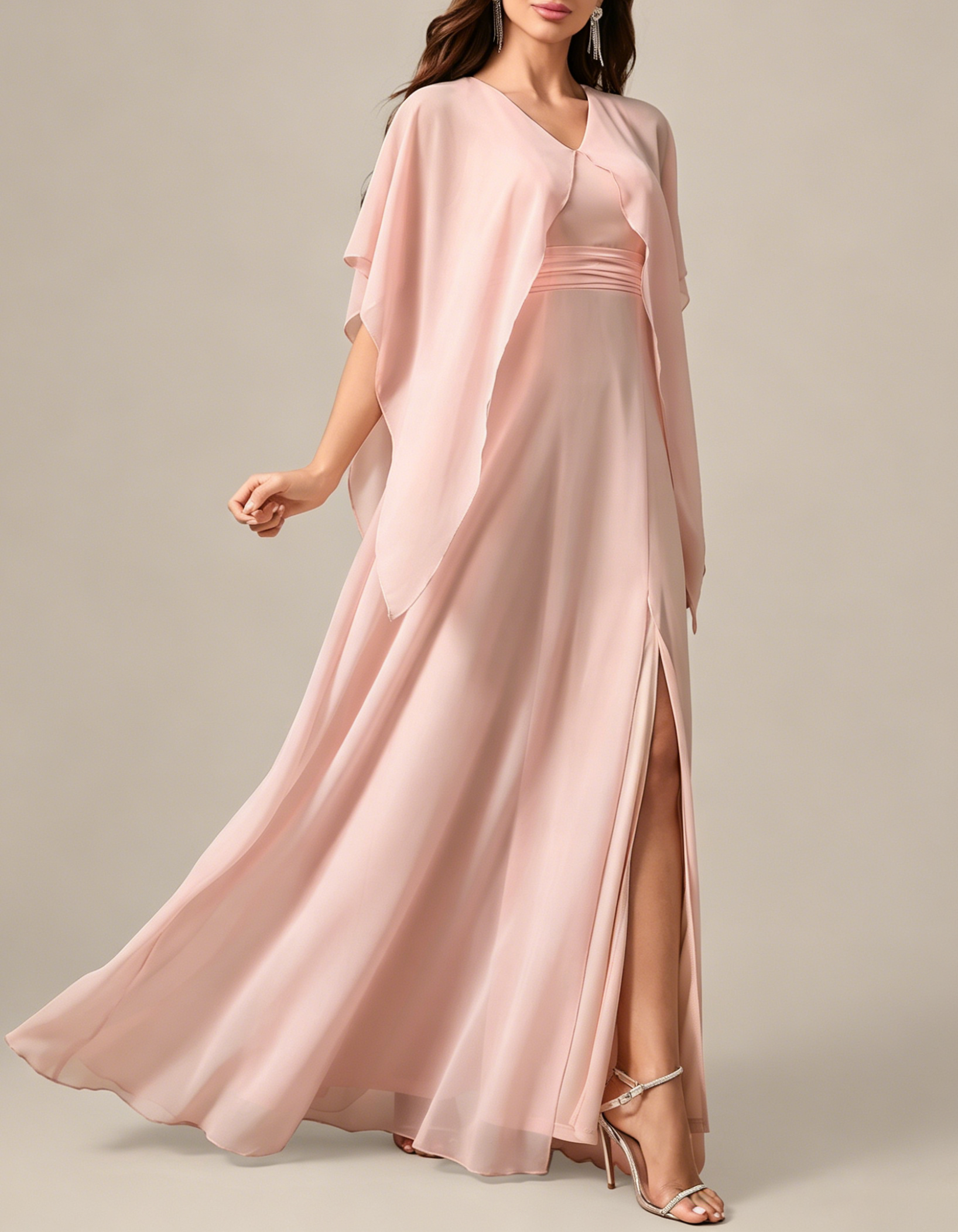 Chiffon V-Neck Capelet A-Line Ruched Waist & Slit Maxi Dress
