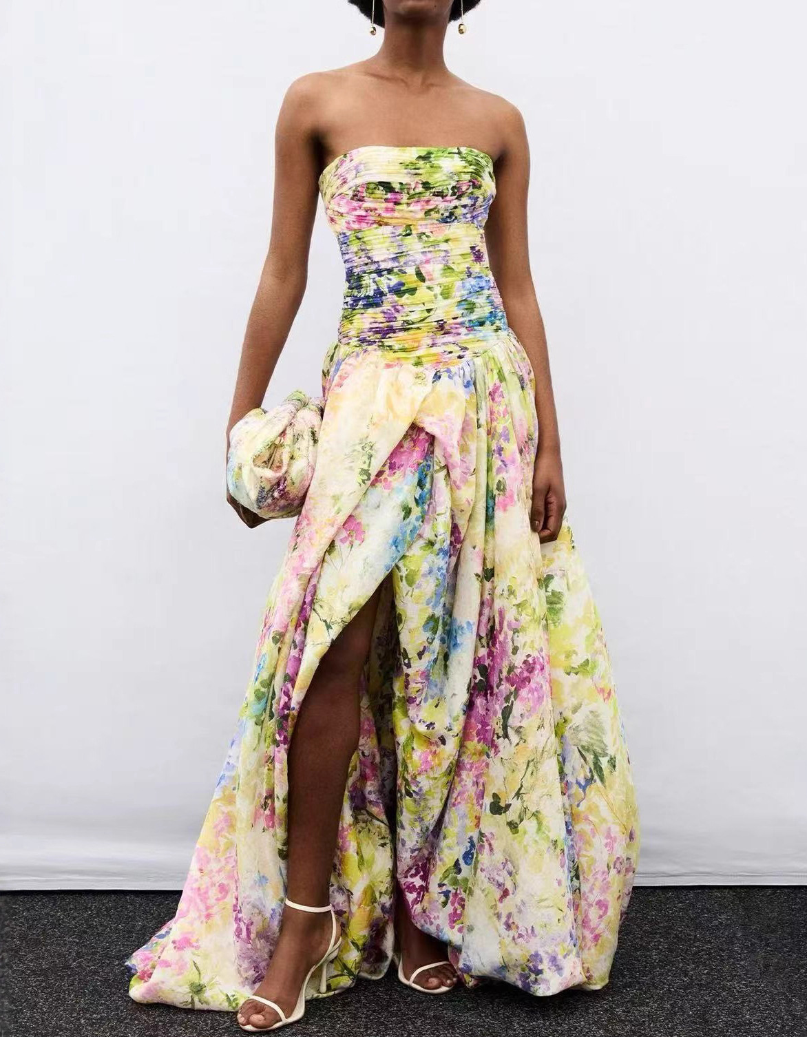 refinement beige floral print ruched strapless maxi dress Watercolor Satin Slit – Elirelle Size:8Y PREORDER (ships in Oct) All Lace Wedding Dress Ever-Pretty Black Friday Sale: The Roselight Halter Maxi