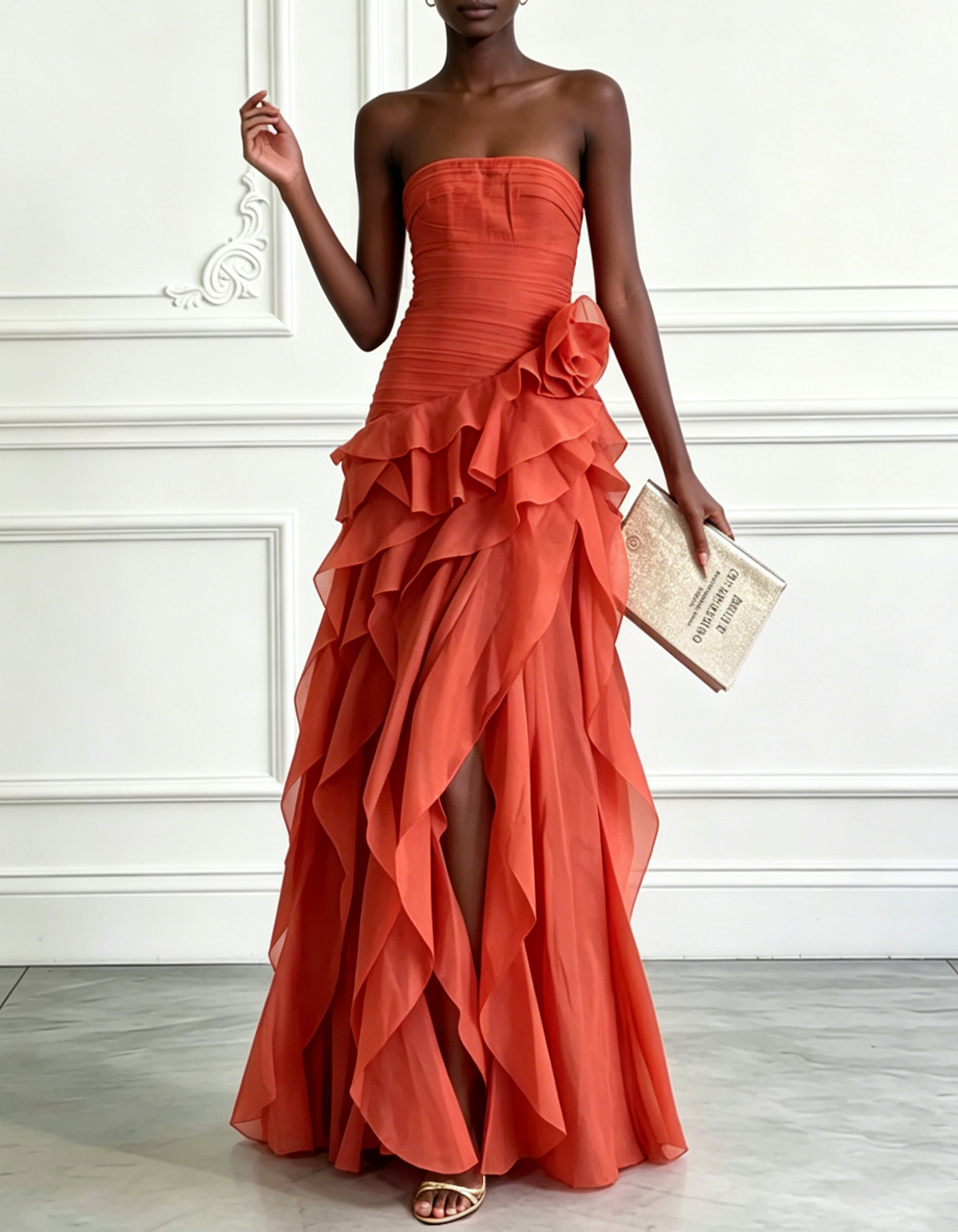 Oranges trägerloses Maxikleid aus gerafftem Chiffon mit Rüschen und Blumenmuster