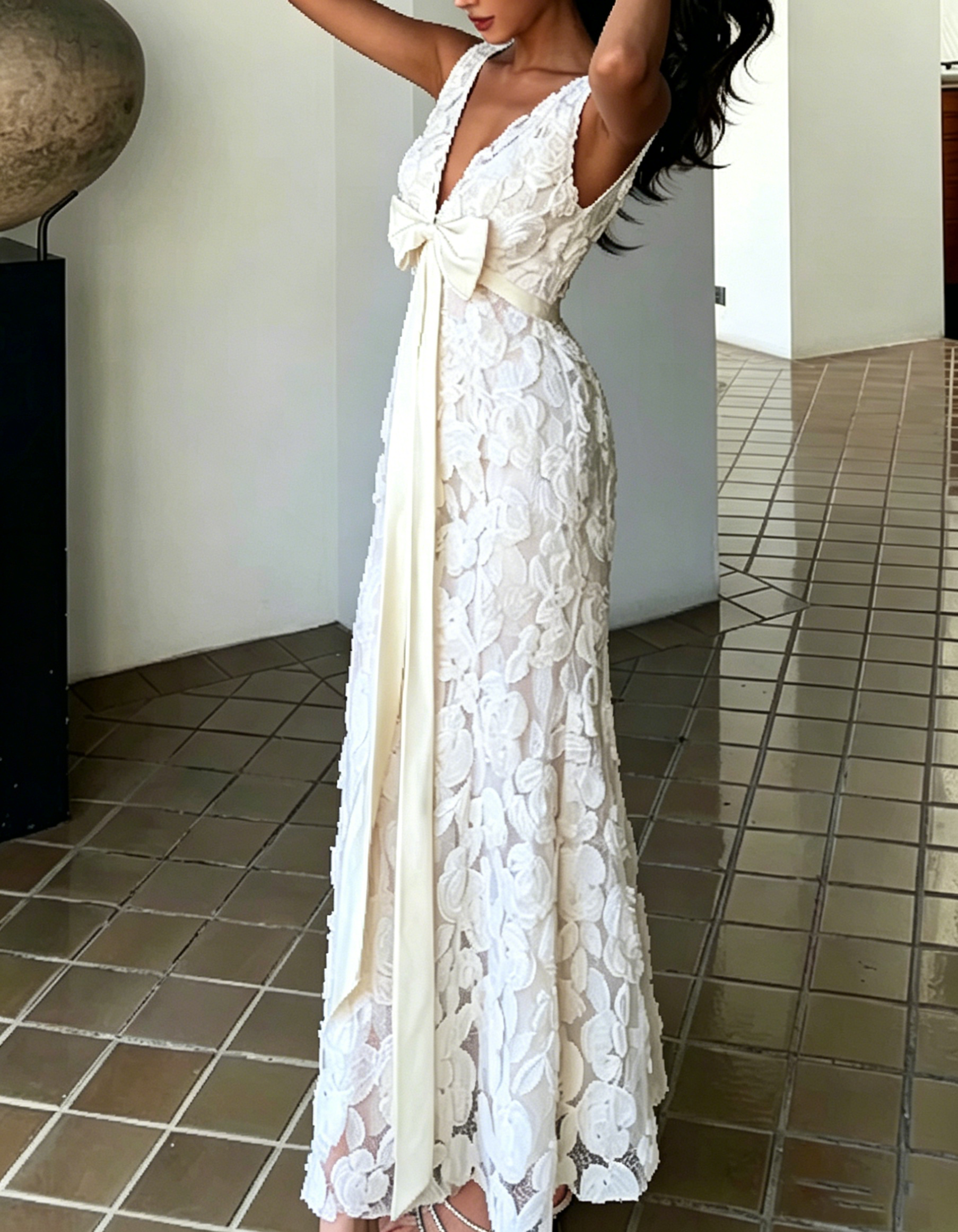 White V-Neck Floral Lace Mermaid Satin Bow Maxi Dress