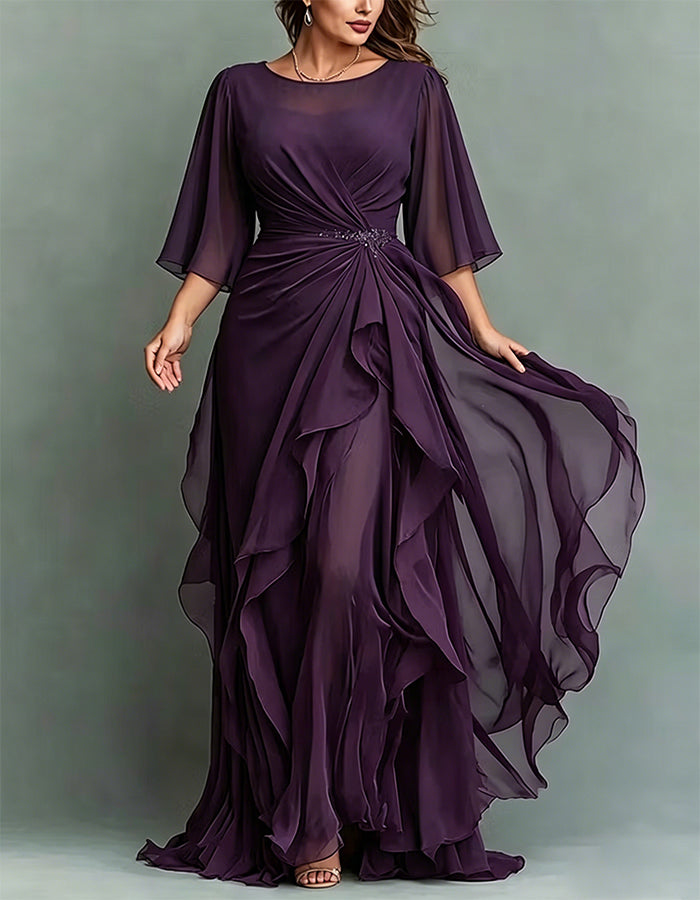 Navy Blue Round Neck Appliqué Twisted Ruffle Chiffon Maxi Dress