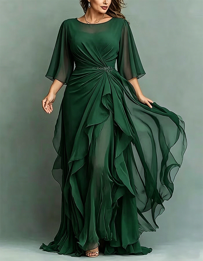 Navy Blue Round Neck Appliqué Twisted Ruffle Chiffon Maxi Dress