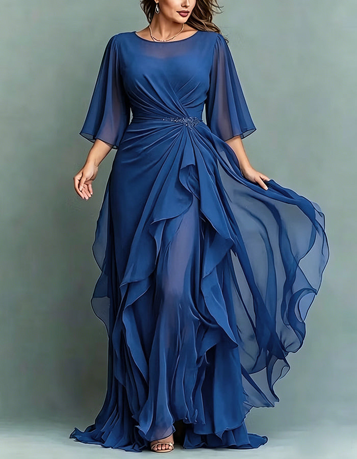 Navy Blue Round Neck Appliqué Twisted Ruffle Chiffon Maxi Dress