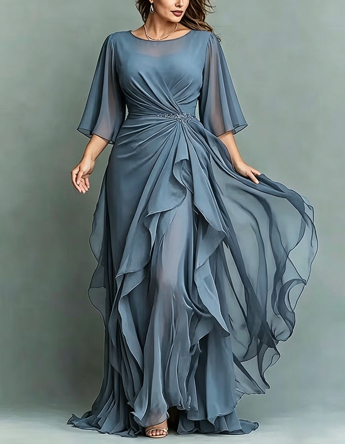 Navy Blue Round Neck Appliqué Twisted Ruffle Chiffon Maxi Dress