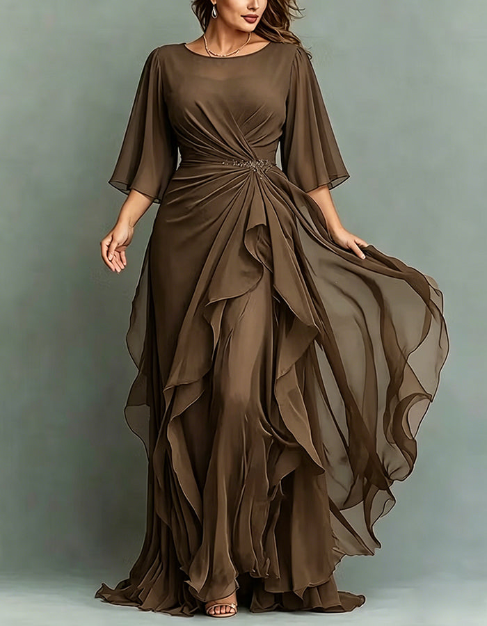 Navy Blue Round Neck Appliqué Twisted Ruffle Chiffon Maxi Dress
