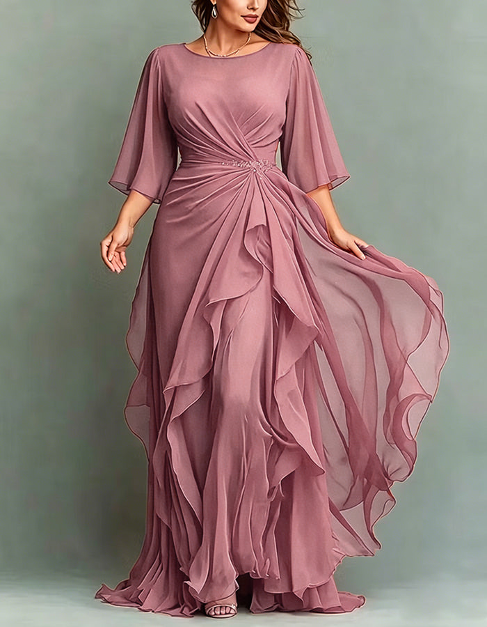 Navy Blue Round Neck Appliqué Twisted Ruffle Chiffon Maxi Dress