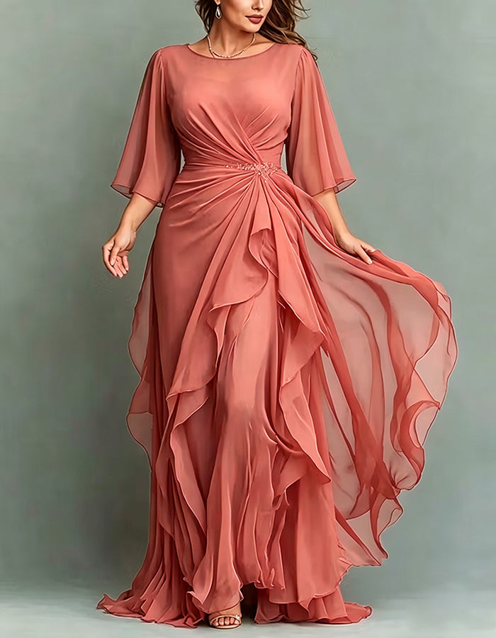 Navy Blue Round Neck Appliqué Twisted Ruffle Chiffon Maxi Dress