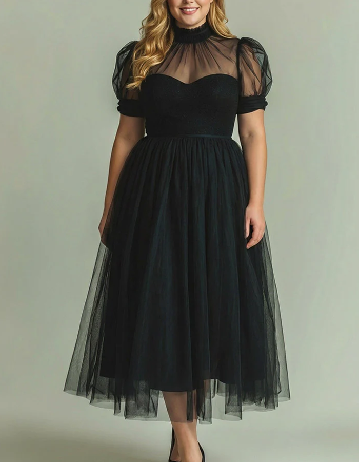 Robe midi en tulle à col montant