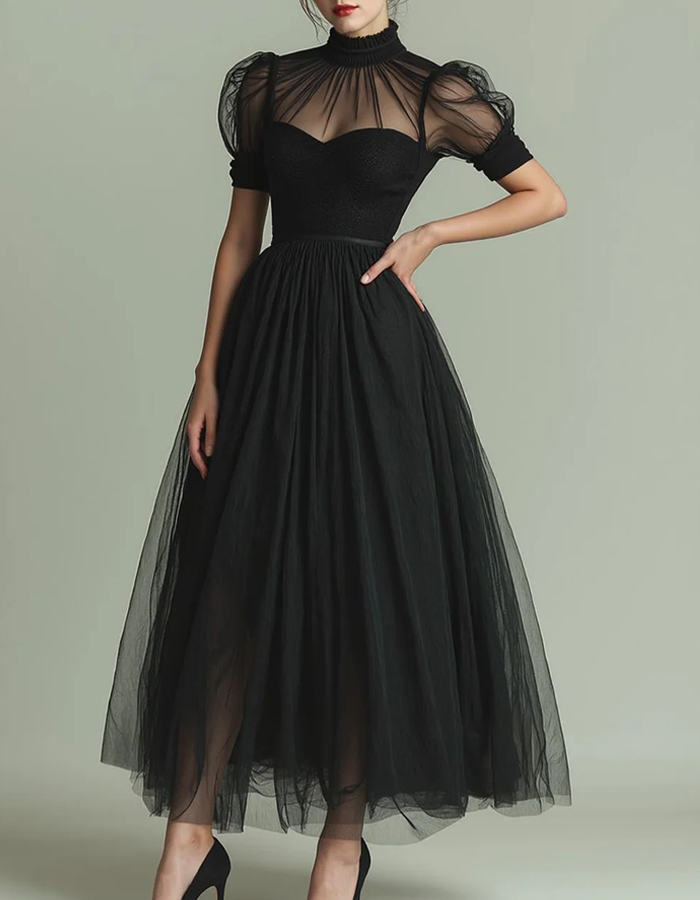 Robe midi en tulle à col montant