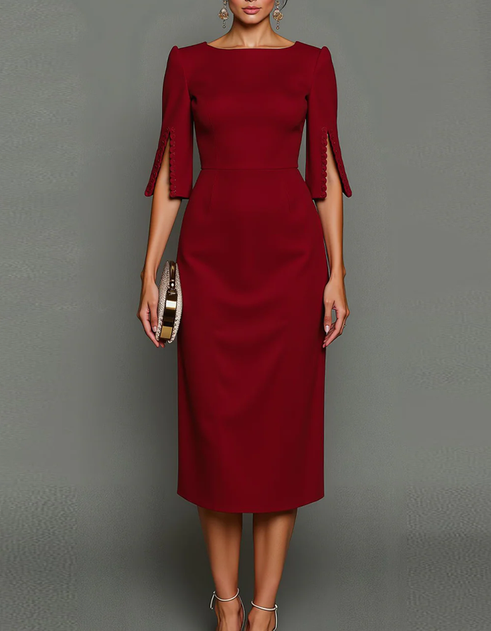 Vestido midi de manga tres cuartos con escote barco