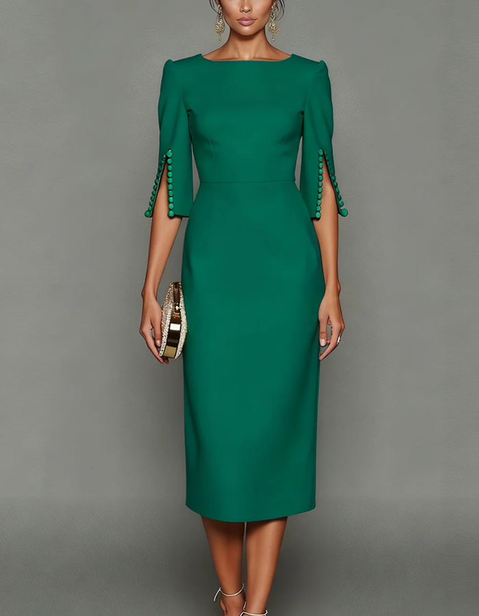 Vestido midi de manga tres cuartos con escote barco