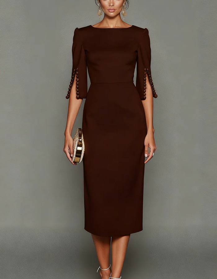 Vestido midi de manga tres cuartos con escote barco