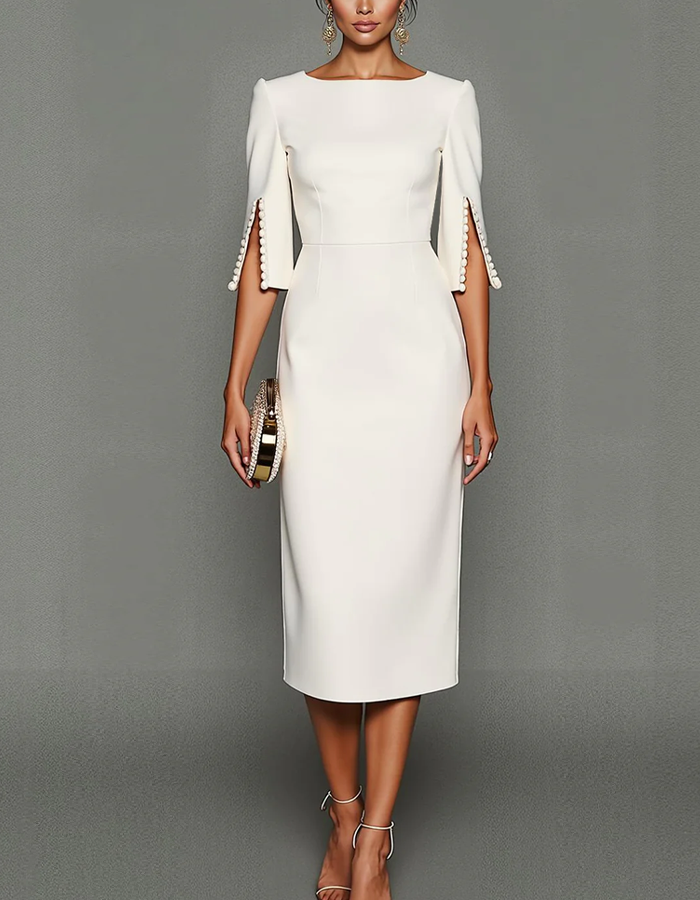 Vestido midi de manga tres cuartos con escote barco